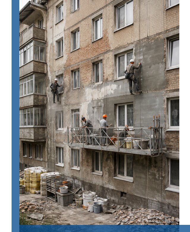 Капитальный ремонт фасада в Элисте с восстановлением и гидроизоляцией