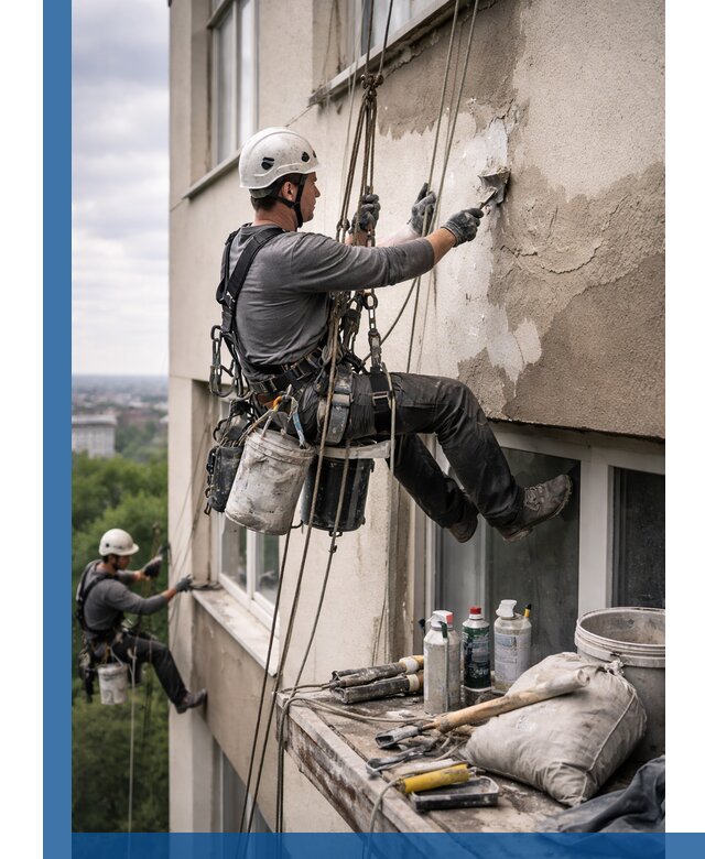 Косметический ремонт фасада зданий в Элисте промышленными альпинистами