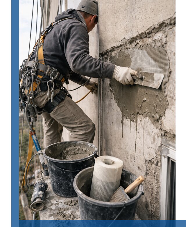 Ремонт бетонных элементов фасада промышленными альпинистами в Элисте