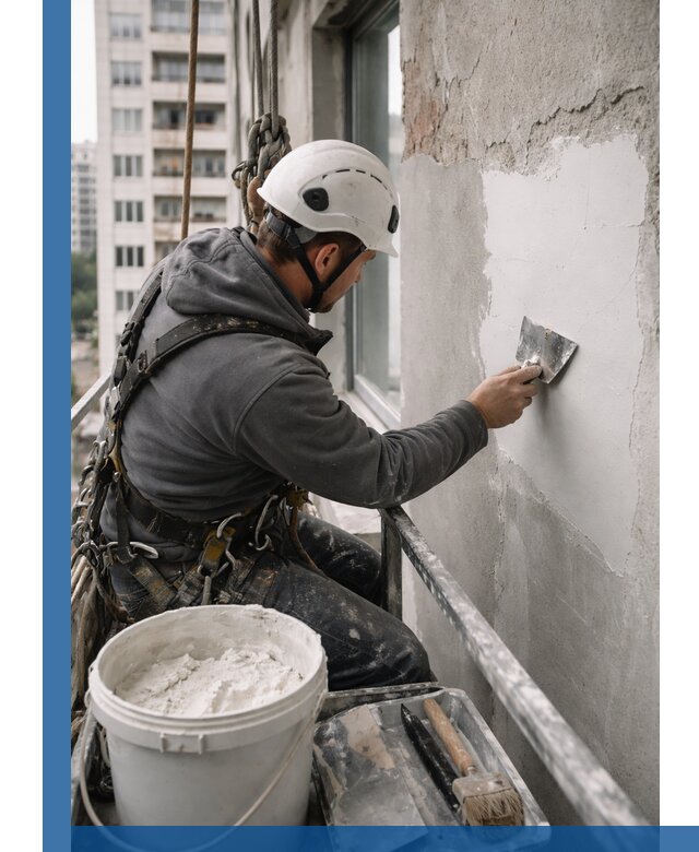 Шпаклевка фасадов на высоте с промальпинистами в Элисте