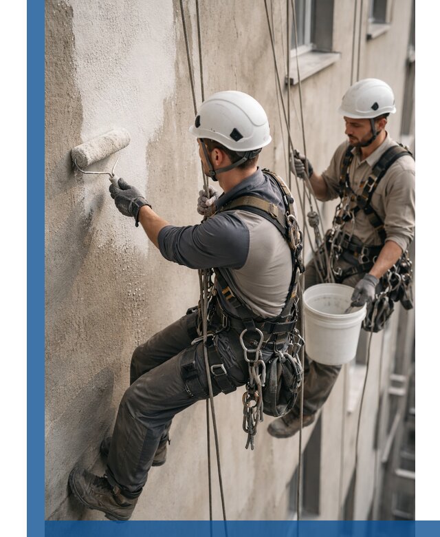 Грунтовка фасада на высоте в Элисте промышленными альпинистами