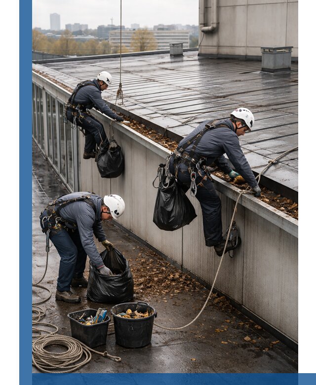 Очистка кровли по периметру в Элисте силами промышленных альпинистов