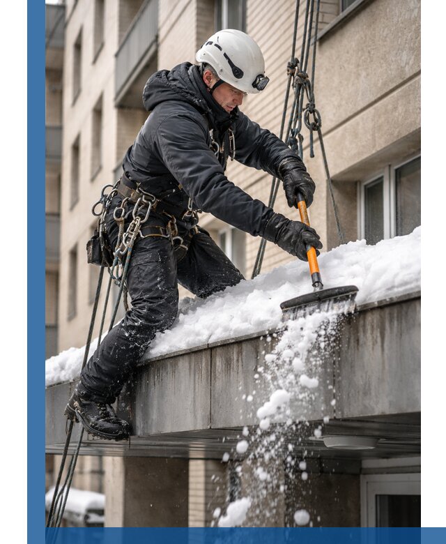 Очистка козырьков от снега в Элисте круглогодично безопасно