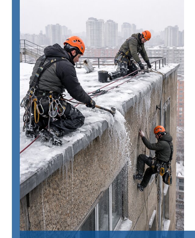 Удаление наледи с кровли в Элисте промышленными альпинистами