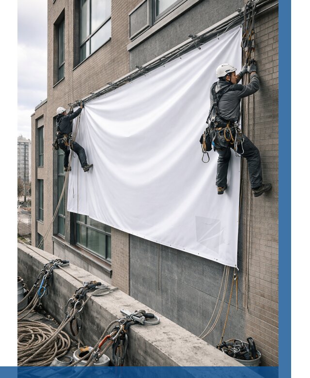 Монтаж баннеров на фасаде в Элисте от 673 р. заказать ВЫСОТНИК-Элс