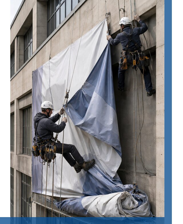 Демонтаж баннеров с фасада в Элисте от 4660 р. | ВЫСОТНИК-Элс