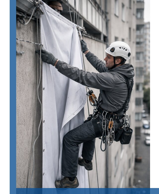 Замена баннерного полотна промышленными альпинистами в Элисте