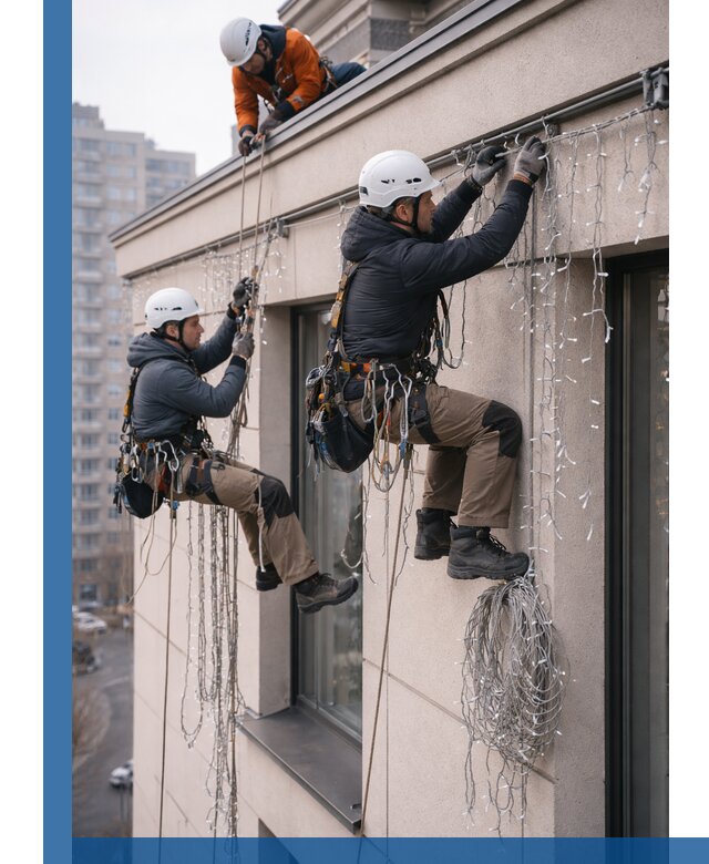 Монтаж праздничных гирлянд на фасаде в Элисте для зданий