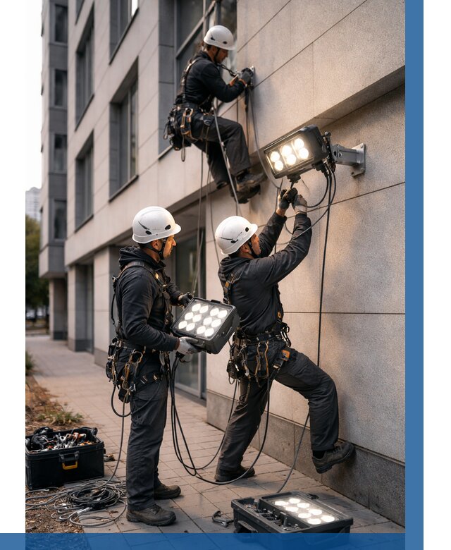 Монтаж прожекторов на фасаде в Элисте от 7767 р. | ВЫСОТНИК-Элс