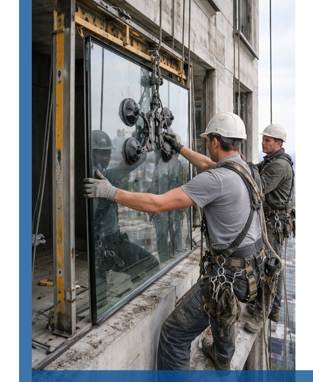 Монтаж стеклопакетов на высоте в Элисте с промышленным альпинизмом