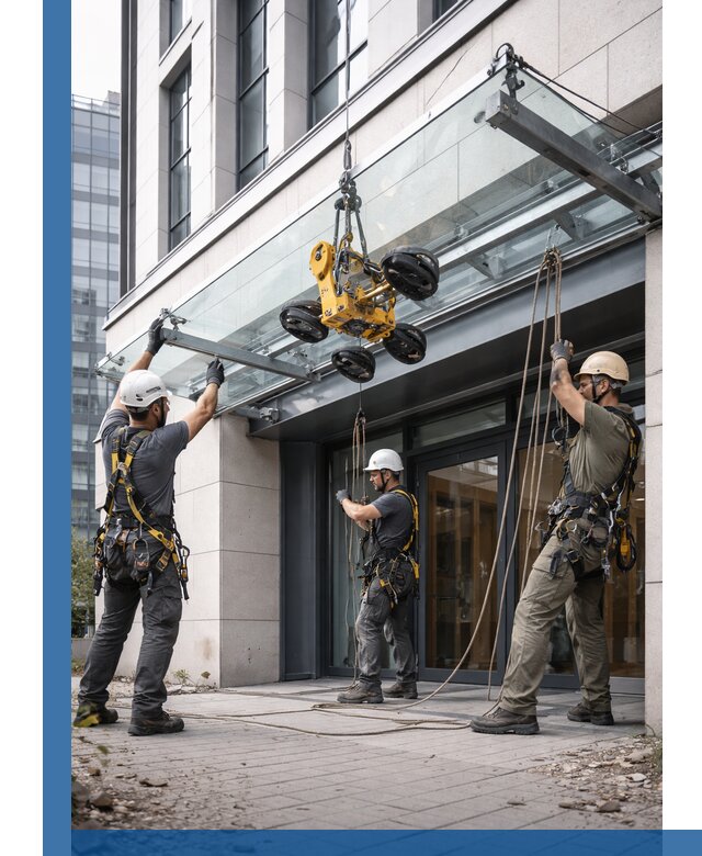 Монтаж стеклянных козырьков под ключ в Элисте для зданий