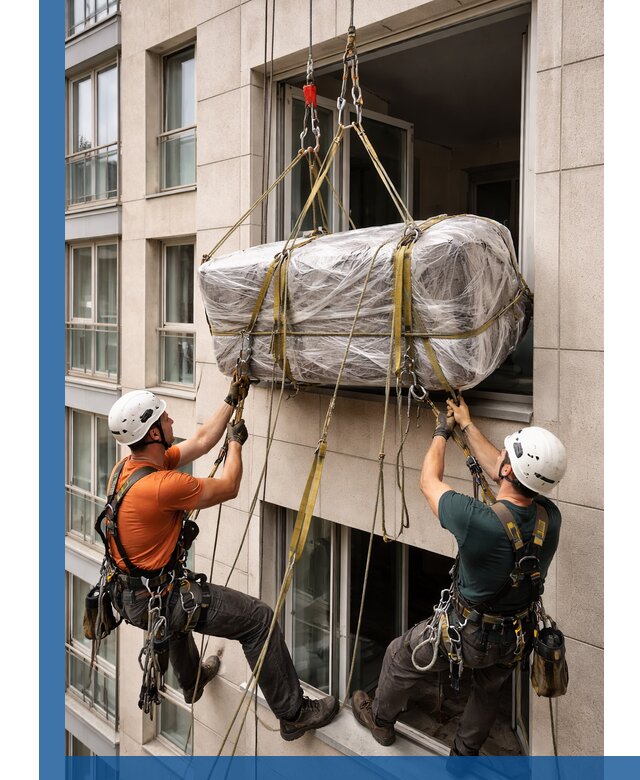 Подъем грузов через окно в Элисте промышленными альпинистами