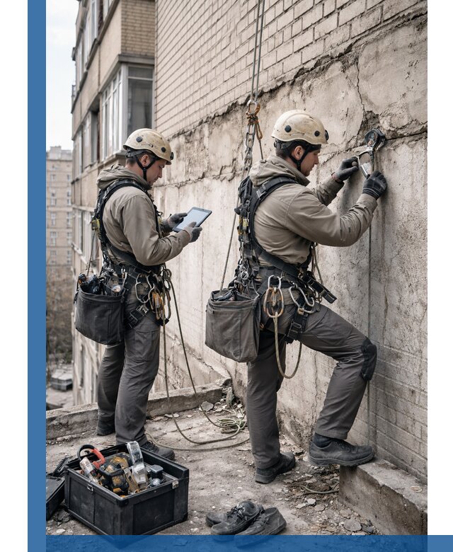 Обследование фасада промышленными альпинистами в Элисте